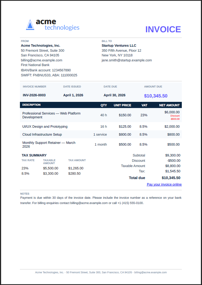 Preview of the Prism invoice sample PDF
